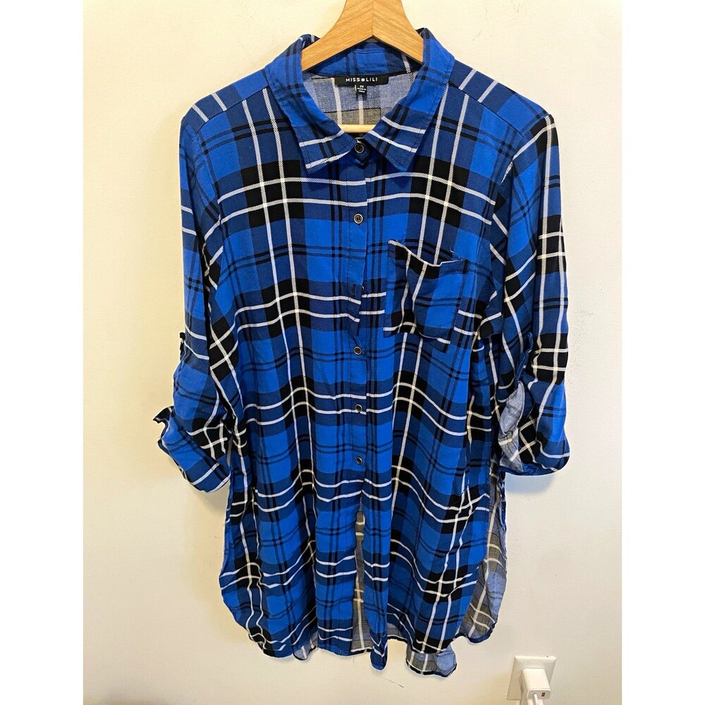 Miss Lili Women’s Plaid Collared Button-Up Long Sleeve Shirt Plus Size 2X